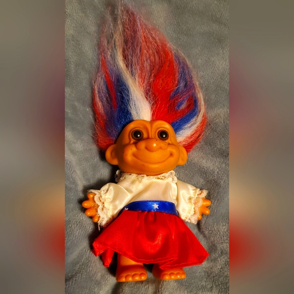 Vintage Troll Doll with Red, White, and Blue Hair